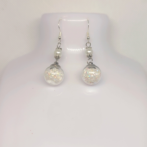 Handmade White Pearl and Glitter Ball Earrings - Picture 2 of 2